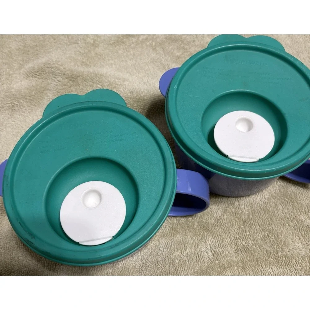 2-Tupperware Crystalwave 16oz Microwave Soup Bowls/Mugs-Blue w/Green Vented Lids